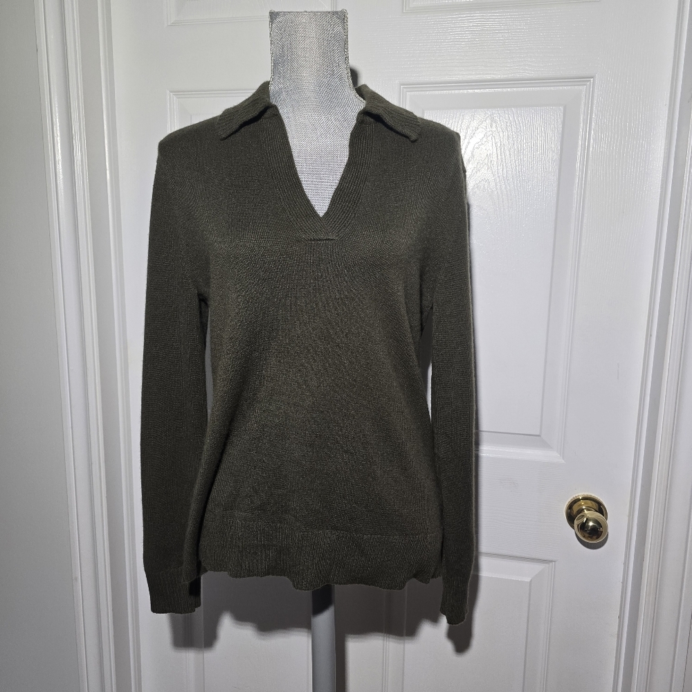 Theory Olive Green V-Neck Collared Sweater
